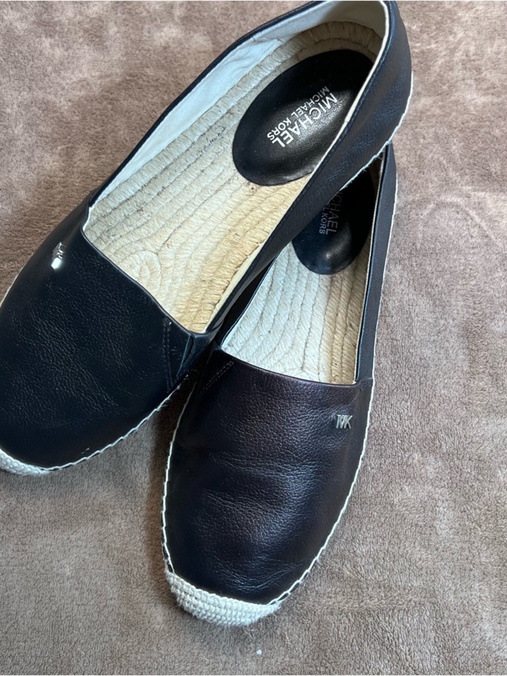 Michael Kors  Kendrick Black Leather Espadrille Flats with Natural Rope Trim